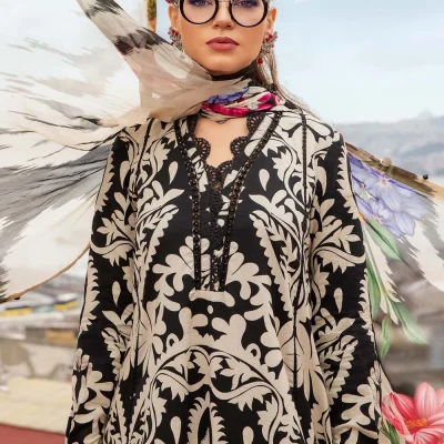 Maria B M Print Khaddar کھ ر Printed 3Pcs BLACK